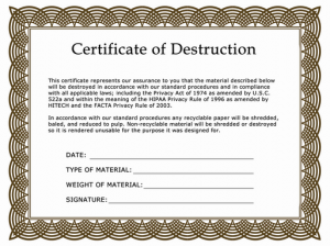 Certificate of Destruction for shredding services